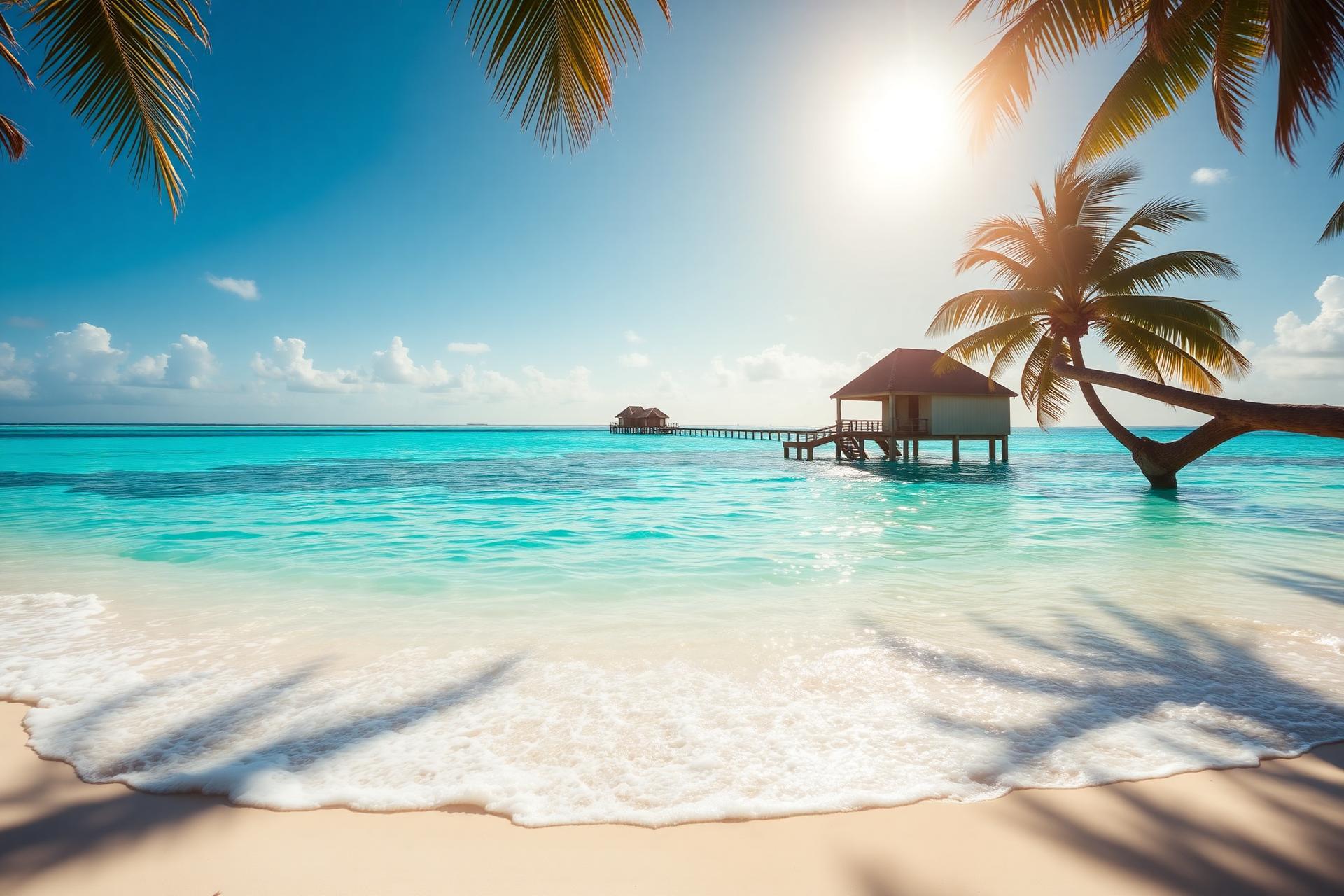 Turquoise ocean, white sand beach, palm trees and an overwater bungalow